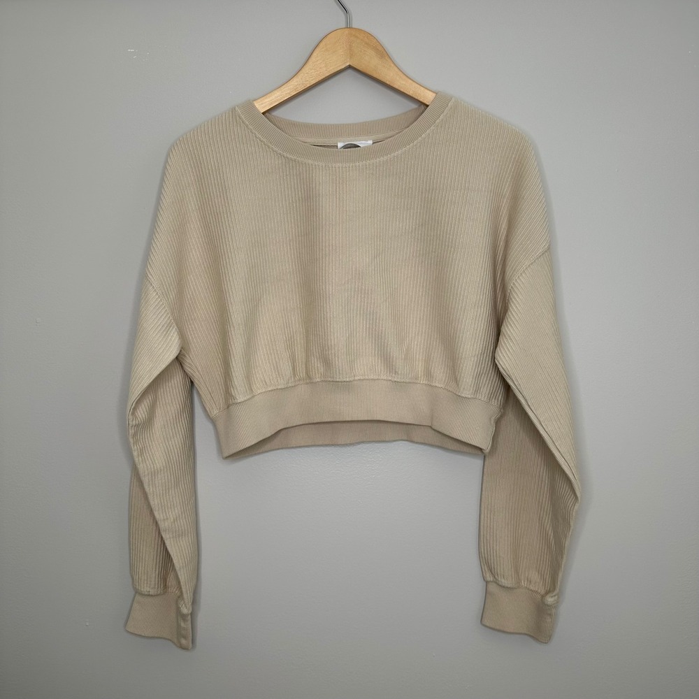Bobbles & Lace Cropped Ribbed Sweater Womens S Beige EUC‎ KT-A1089 100% Cotton